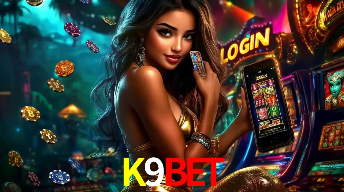 Mulher em um cenário de cassino temático de aventura, mostrando o app de caça-níqueis da K9BET no celular. Fichas de apostas flutuam ao redor.