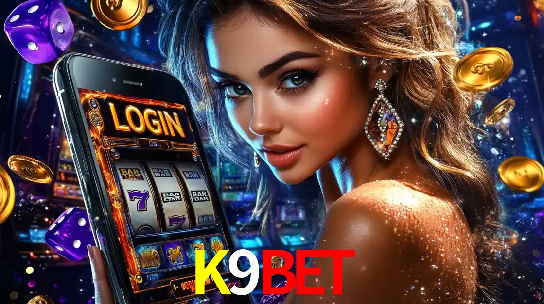 Mulher glamorosa segurando um smartphone com a tela de login para os jogos de caça-níqueis do cassino online K9BET, com moedas de ouro e dados ao redor.