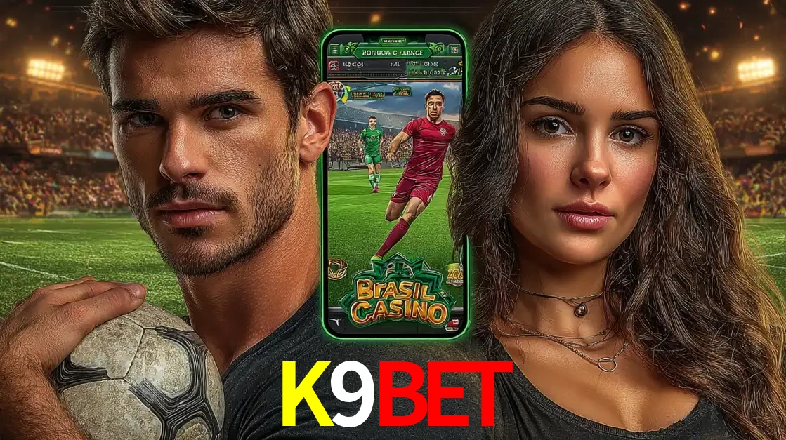 Homem segurando uma bola de futebol e uma mulher ao lado de um smartphone exibindo o jogo de apostas esportivas da K9BET. Faça seu palpite no cassino online.
